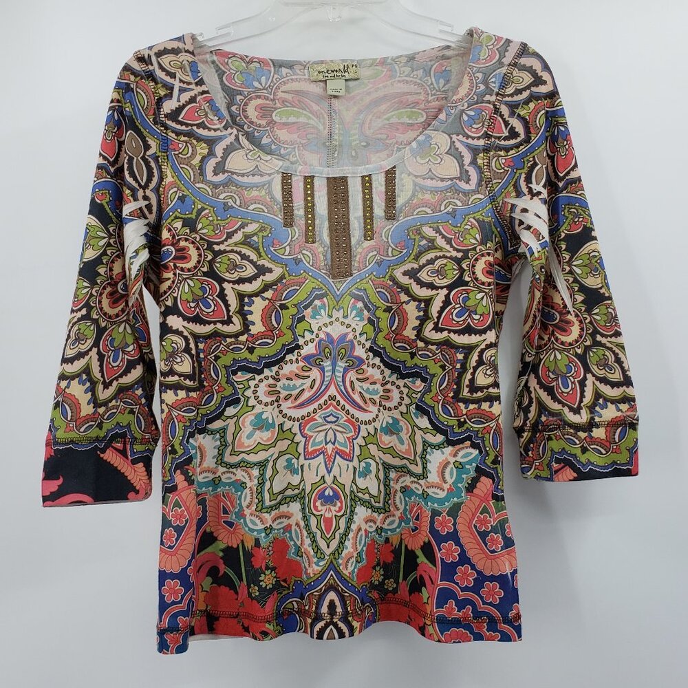 Vtg One World Fairycore Top Size PS Multicolor Rhinestone Embellished 3/4 Sleeve